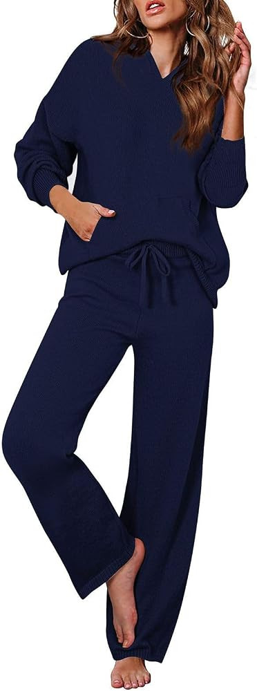 Viottiset Women's 2 Piece Outfits Sweater Set Long Sleeve Hoodies With Pocket Wide Leg Pants Loun... | Amazon (US)