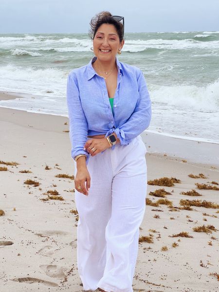 Coastal grandmother style. linen wide leg seaside pants. linen button up shirt. square neck bikini top.  Coastal style. Vacation travel style. #coastalgrandmother  J. Crew #injcrew 

#LTKstyletip #LTKSeasonal #LTKtravel