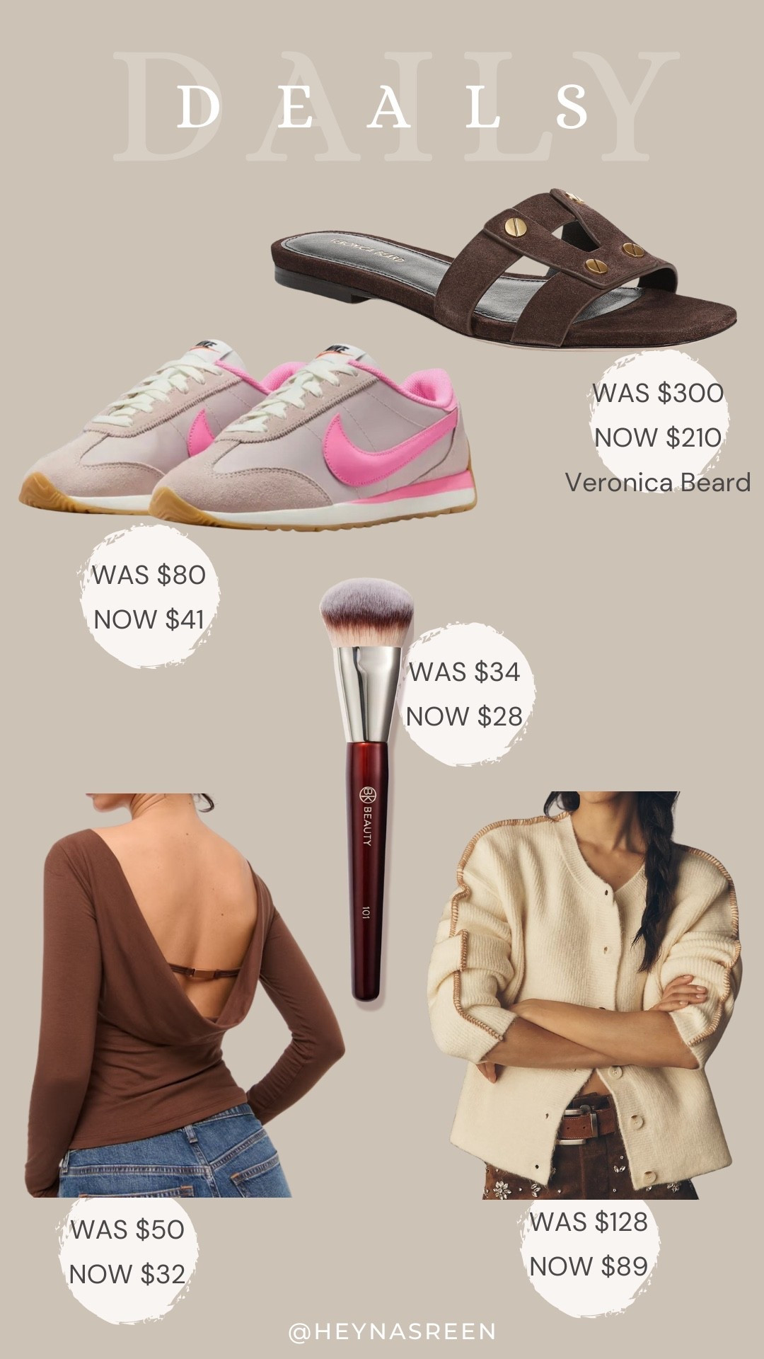 Daily deals on Veronica Beard sandals, Nike sneakers, BK Beauty brush, Abercrombie top, Anthropologie cardigan 