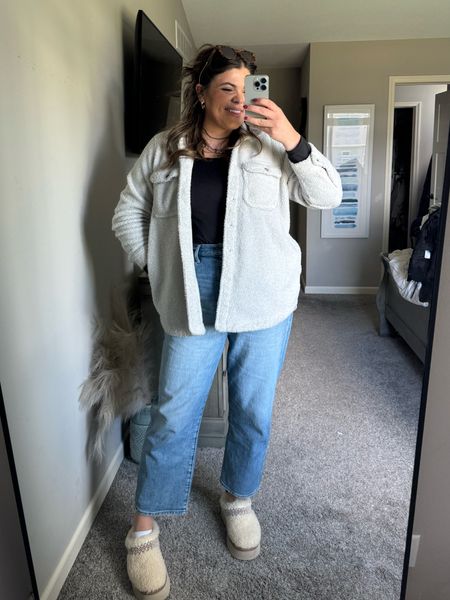 Casual midsize Mom outfit of the day – straight leg jeans from express – off the shoulder bodysuit – Taz braid UGG slippers - Sherpa Shacket 

All size large or size 12

#LTKmidsize #LTKSeasonal #LTKsalealert
