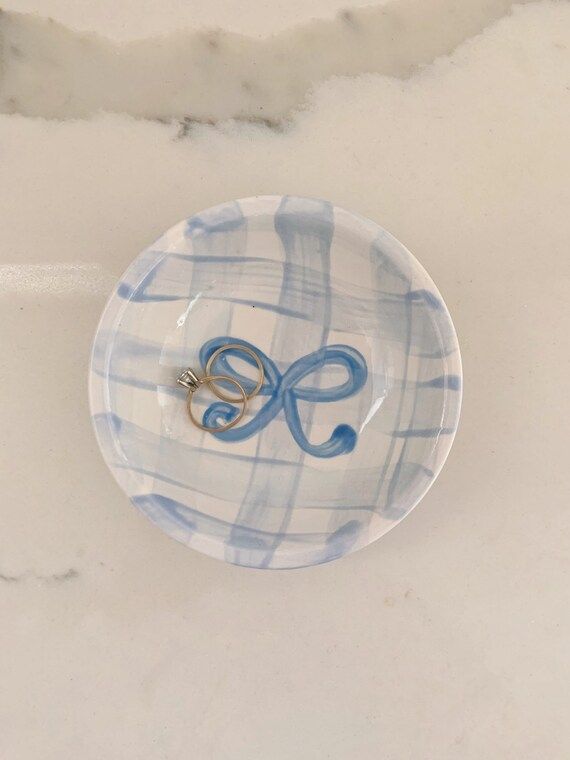 Blue and White Gingham and Bows Ceramic Trinket Dish // Preppy | Etsy | Etsy (US)
