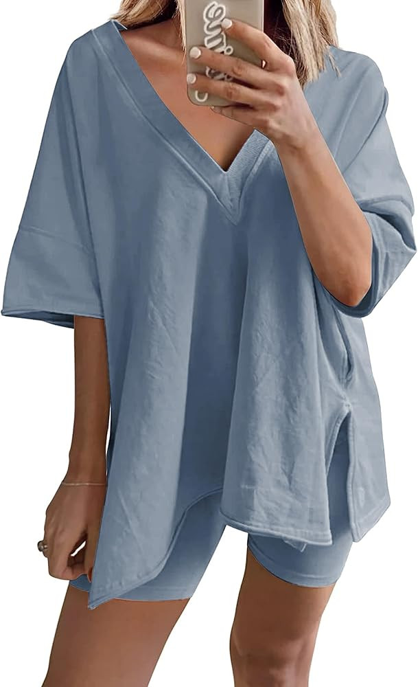 2 Piece Outfits for Women Reversible Oversized T Shirt Biker Shorts Sets Workout Tracksuit | Amazon (US)