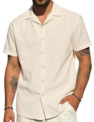 LINENNMAIN Mens Cotton Linen Shirt Casual Lightweight Button Down Shirt Short Sleeve Summer Beach Vacation Tops Beige | Amazon (US)