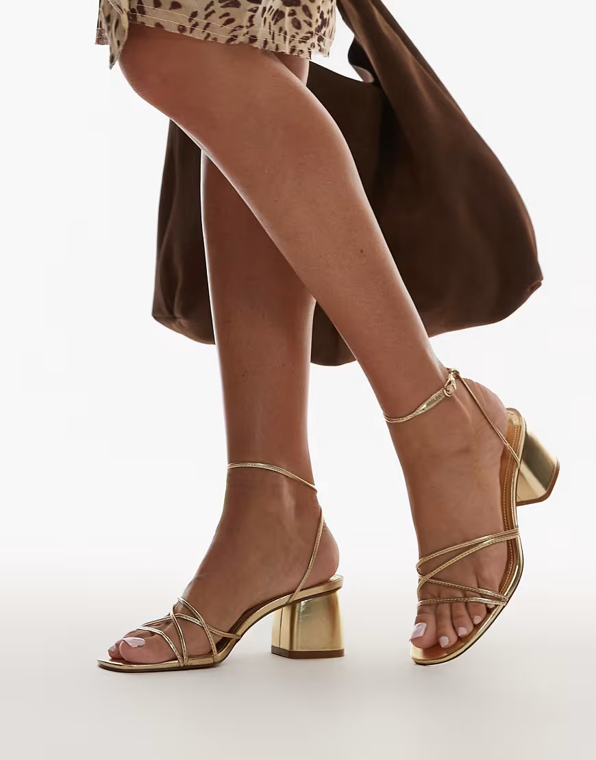 Mango strappy block heels in gold | ASOS (Global)