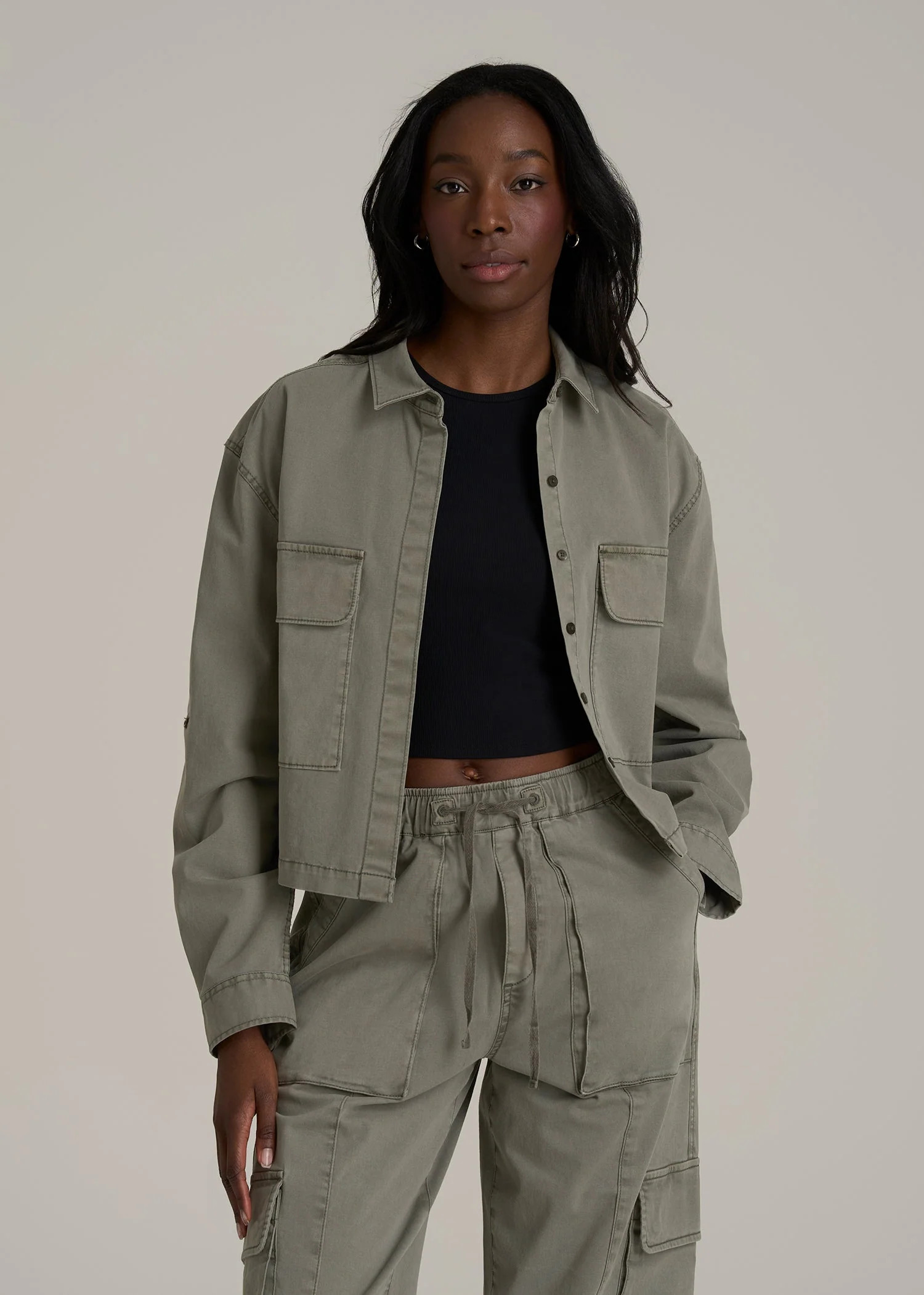 Garment Dyed Utility Shirt for Tall Women in Camper Green | American Tall