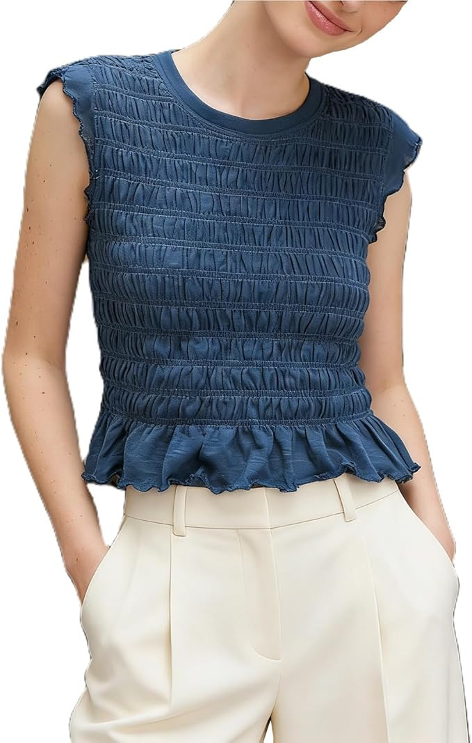 Womens Summer Top Cap Sleeve Smocked Shirts Ruffle Hem Going Out Tops Shirred Tank Crop Tee Y2K O... | Amazon (US)