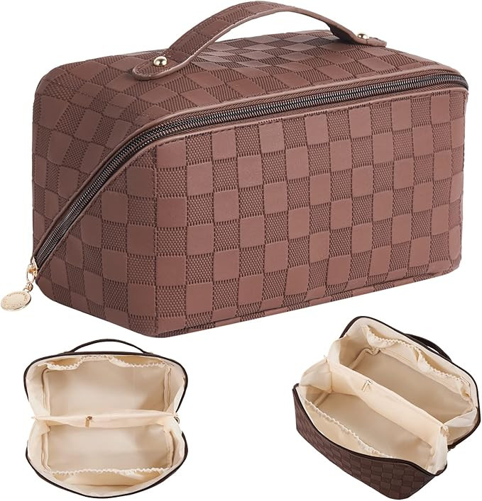 iRealy Travel Cosmetic Bag Makeup Organizer, Large Capacity Checkered PU Leather Makeup Bag Opens... | Amazon (US)