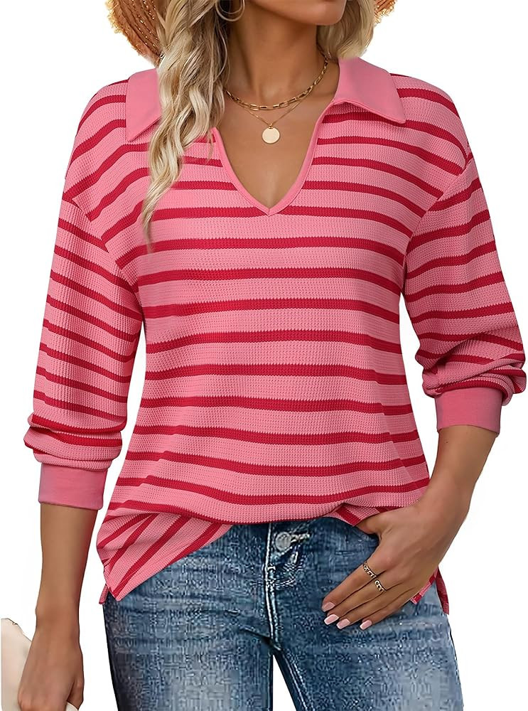 Vivilli Womens Color Block V Neck Button Cuff Long Sleeve Shirts Flowy Tunic Tops Lightweight Swe... | Amazon (US)