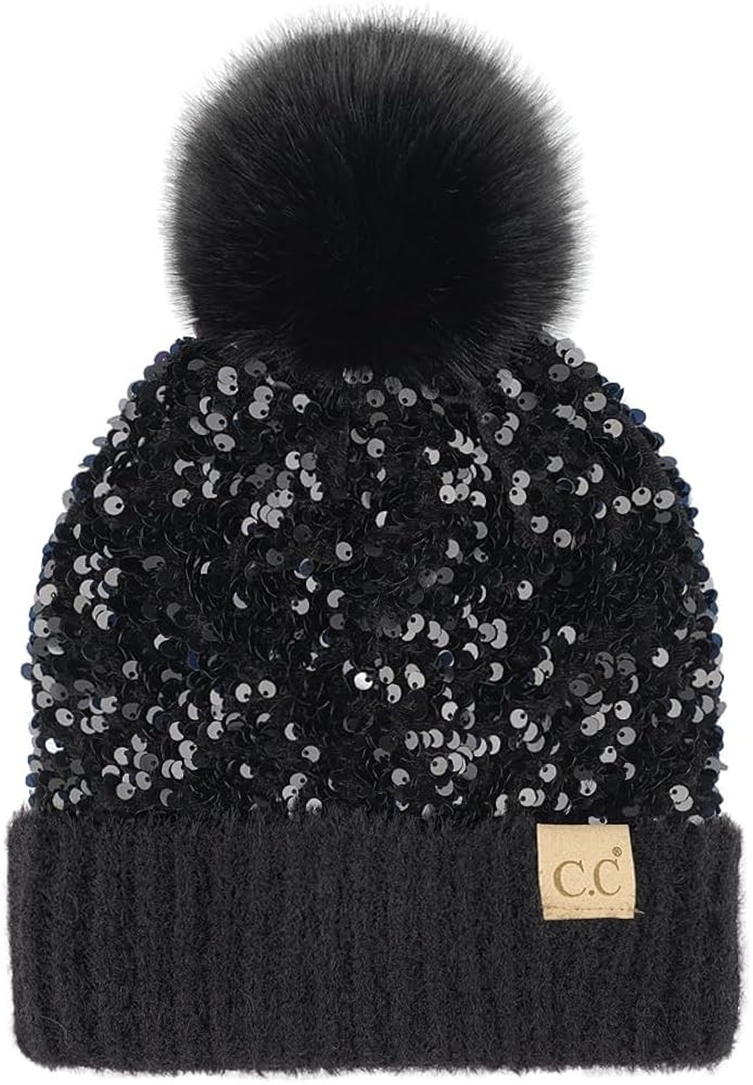 C.C Kids Sequin Fur Pom Beanie for Boys Girls - Comfortable Soft Warm Children Youth Knit Skully ... | Amazon (US)