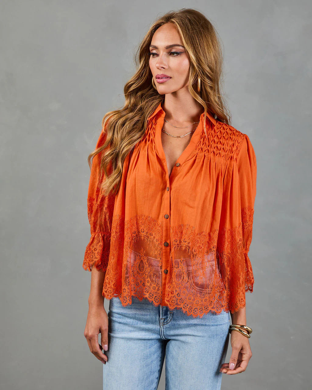Sun Press Linen Lace Trim Top - Orange / L | VICI