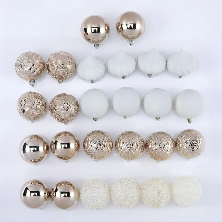 Holiday Time 60 mm Shatterproof Christmas Ornaments, Champagne Gold and White, 26 Count | Walmart (US)