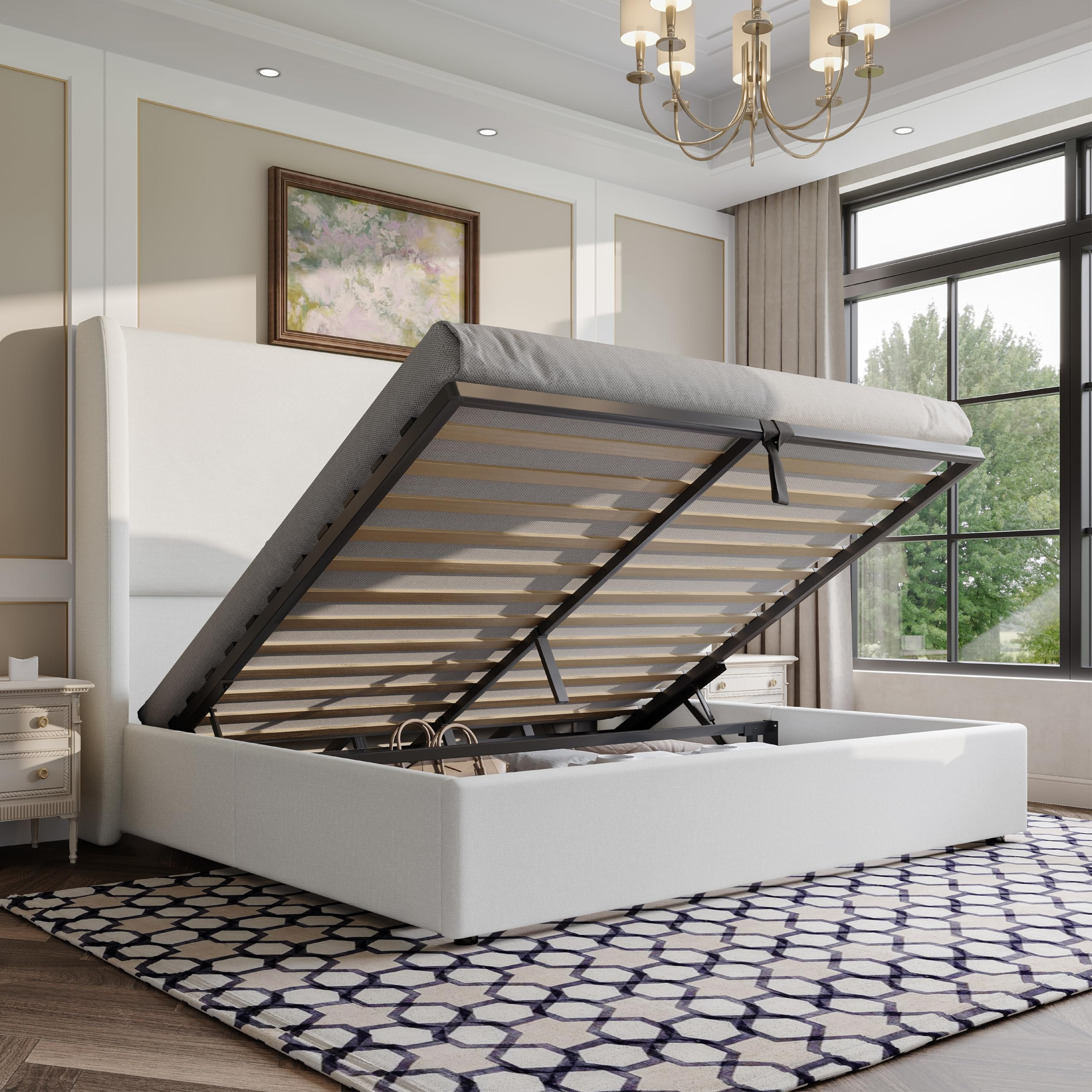 AMERLIFE Lift Up Storage Bed Queen Size Linen Upholstered Platform Bed Frame, Hydraulic Storage, ... | Amazon (US)