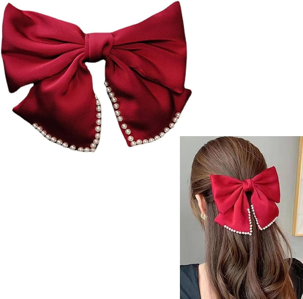 Big Red Bow Hair Clips for Women Girls Satin and Pearl Bow Hair Clip for Women Hair Bows Barrette... | Amazon (US)