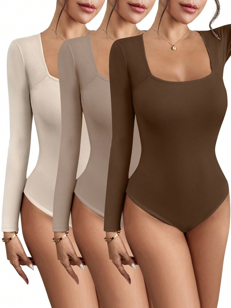 Chiquease Women's Summer & Autumn Scoop Neck Bodysuit In 3 Colors: Black, Apricot, And Brown, Worn Alone Or Layered | SHEIN