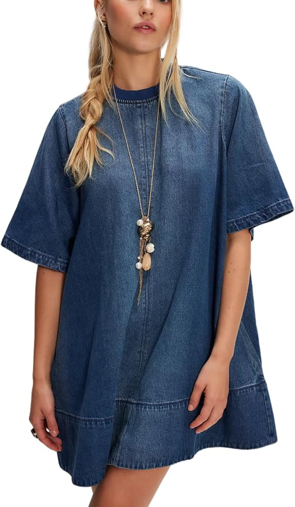 Womens Short Sleeve Denim Dress Back Zipper Ribbed Crew Neck Loose Distressed Jean Mini Dresses w... | Amazon (US)