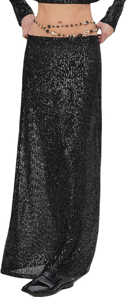 Women Sequin Midi Long Skirt Y2k Glitter Loose Pencil Maxi Skirt Sequins Low Waist Evening Party ... | Amazon (US)