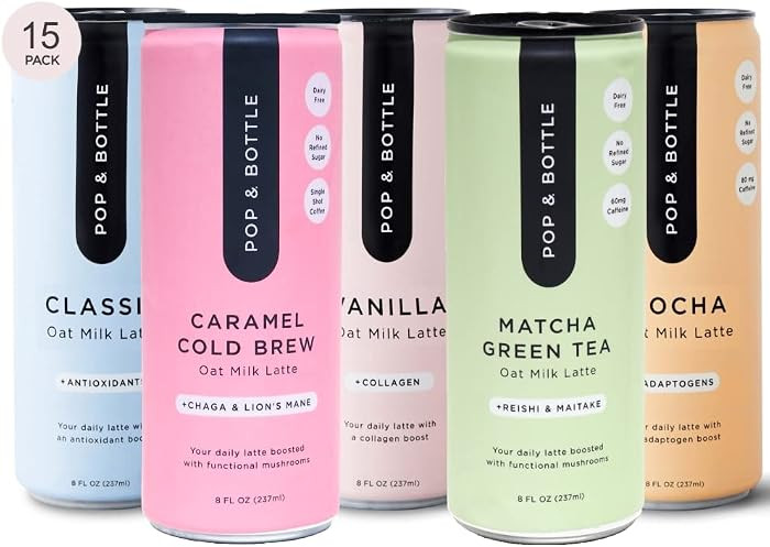 Pop & Bottle, Oat Milk Lattes - Maca, Antioxidants, Ashwagandha, MCT Oil, Collagen, Organic, Dair... | Amazon (US)