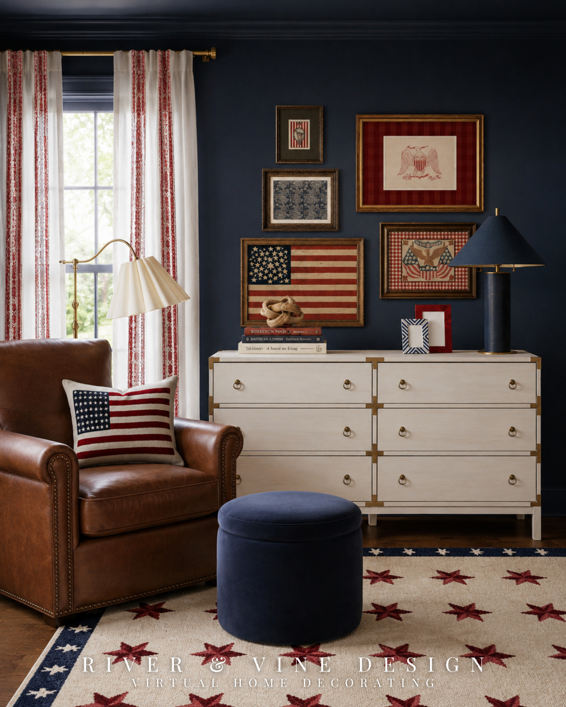 Vintage Americana, but make it a kids room that still feels elevated. 🇺🇸 The navy walls, leather chair, star rug, red and blue artwork, brass accents, and classic campaign-style dresser give this space that collected, heirloom look I love.

This is the kind of Fourth of July inspired decorating that can stay up all year — patriotic, nostalgic, and layered without feeling overly themed.

Follow for more classic kids room ideas, vintage-inspired decorating, and designer-style rooms you can actually shop.

I may receive a commission through links in this post. 

 #LTKHome