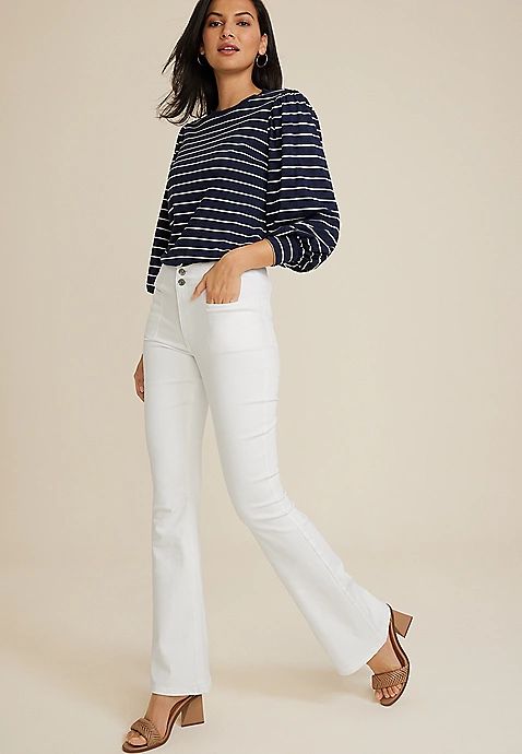 m jeans by maurices™ White High Rise Double Button Sculptress Flare Jean | Maurices