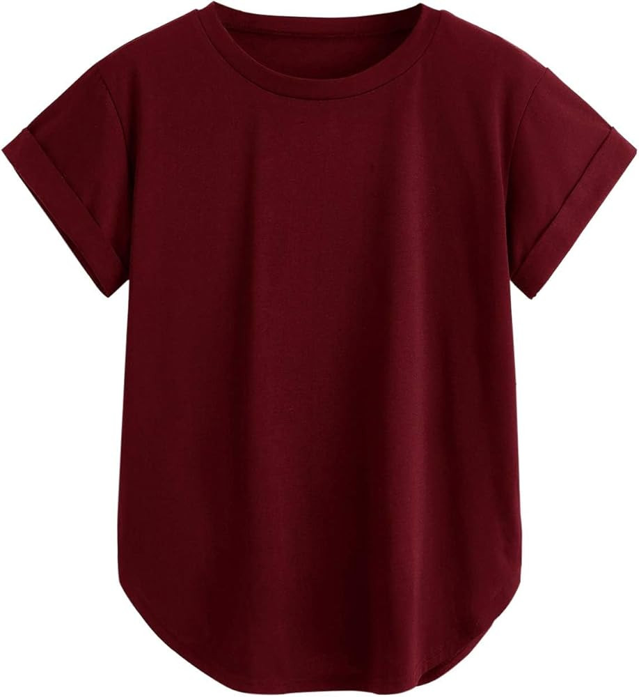 Milumia Women's Basic T Shirt Round Neck Short Sleeve Rolled Cuff Curved Hem Casual Tunic Tops | Amazon (US)