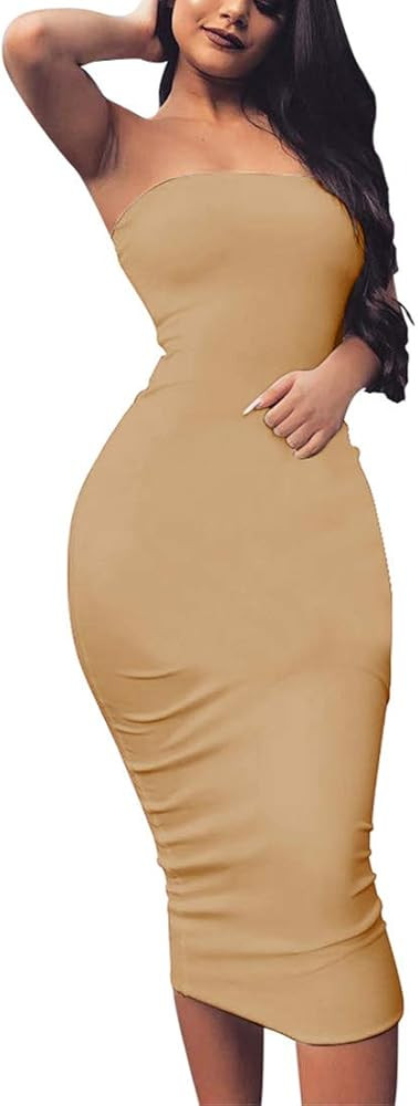 BORIFLORS Women's Basic Sleeveless Tube Top Sexy Strapless Bodycon Midi Club Dress | Amazon (US)