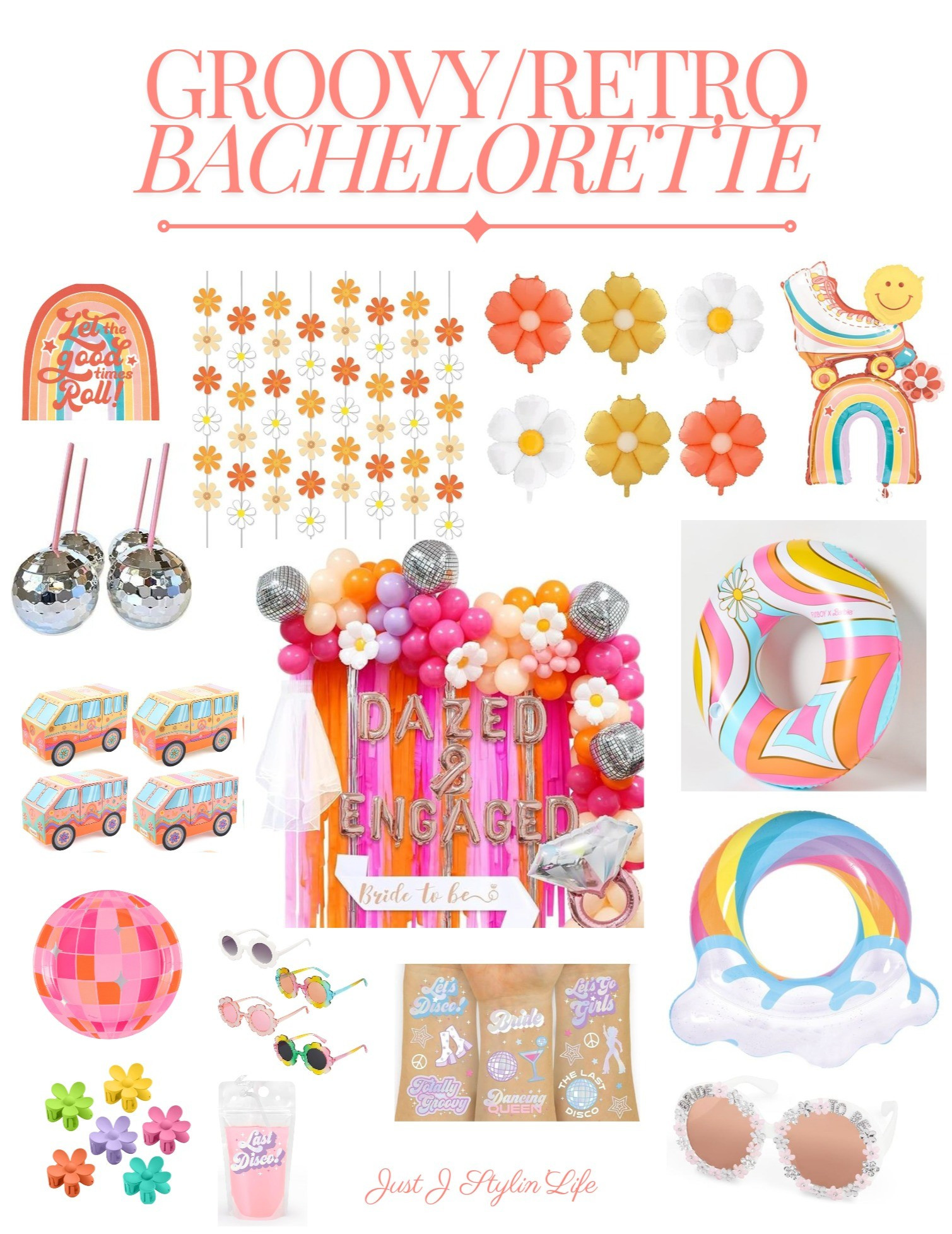 Groovy/retro bachelorette theme ideas! 70's retro disco style bachelorette decor and favors. Items not linked are from pOpshelf. Rainbow napkins, daisy flower strands, daisy balloons, roller skate balloon, disco ball cups, dazed and engaged backdrop, retro pool floats, vw van gift boxes, flower glasses, flower hair claw clips, bride drink bags last disco, bride glasses.

#LTKParties #LTKWedding #LTKFindsUnder50