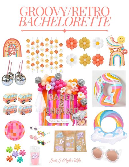 Groovy/retro bachelorette theme ideas! 70's retro disco style bachelorette decor and favors. Items not linked are from pOpshelf. Rainbow napkins, daisy flower strands, daisy balloons, roller skate balloon, disco ball cups, dazed and engaged backdrop, retro pool floats, vw van gift boxes, flower glasses, flower hair claw clips, bride drink bags last disco, bride glasses.

#LTKParties #LTKWedding #LTKFindsUnder50