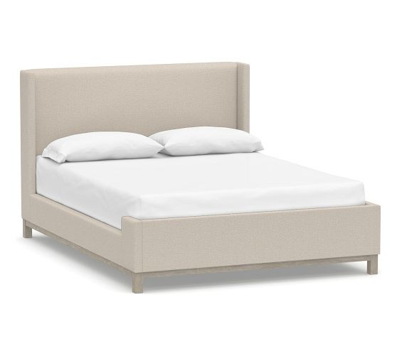 Jake Upholstered Platform Sleigh Bed with Wood Base | Pottery Barn (US)