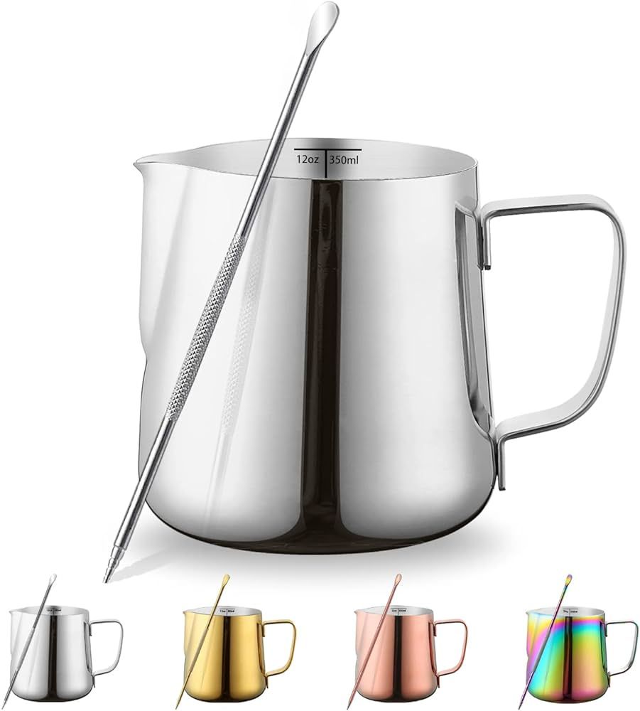 Milk Frothing Pitcher 12oz - 350ml, Kyraton Stainless Steel Espresso Steaming Pitchers with Decor... | Amazon (US)