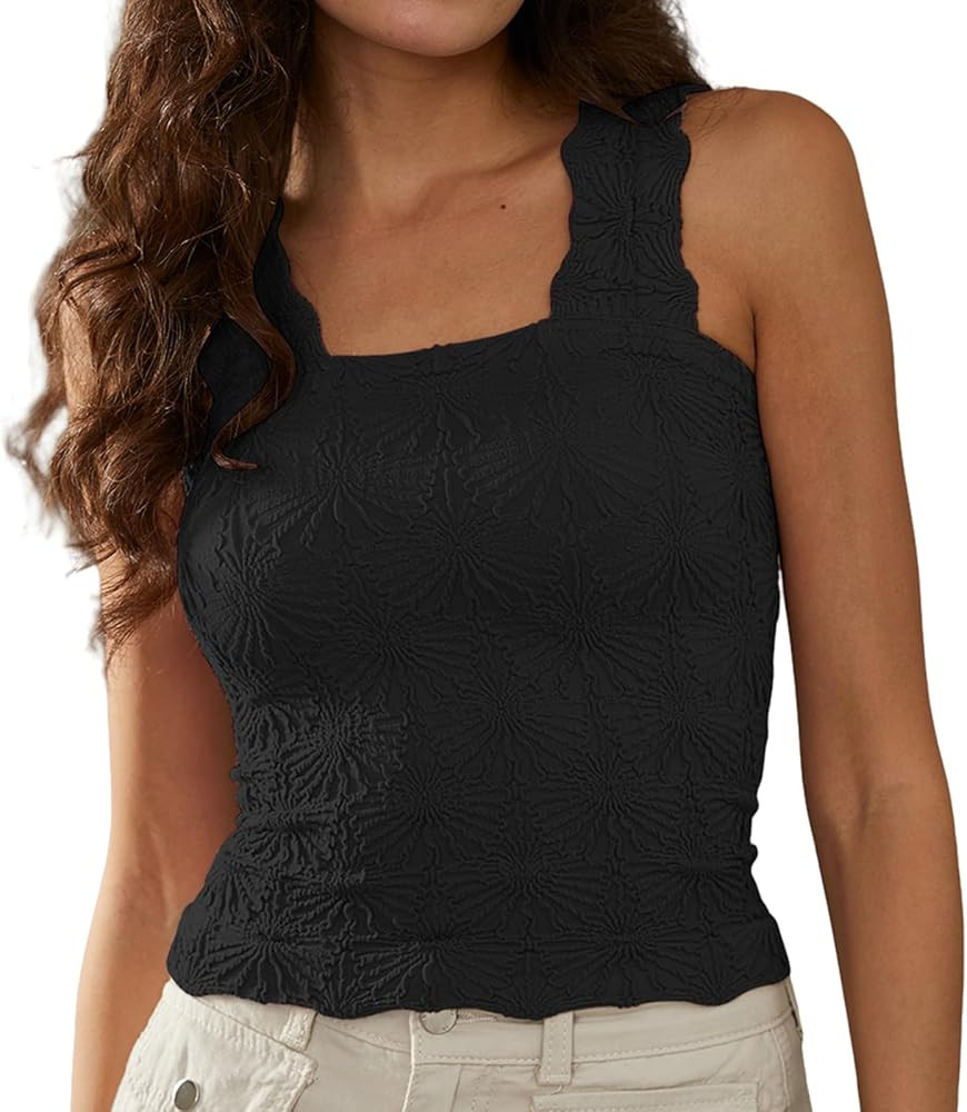 Women's Square Neck Seamless Wide Strap Crop Tank Tops,Slim Fit Flower Lettuce Trim Crop Cami Top... | Amazon (US)
