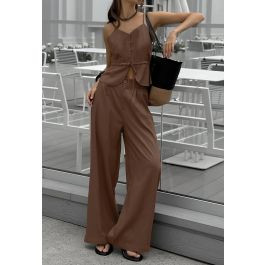 Button-Front Cotton Cami Top and Wide-Leg Pants Set in Brown for Workday & Afternoon Tea | Chicwish