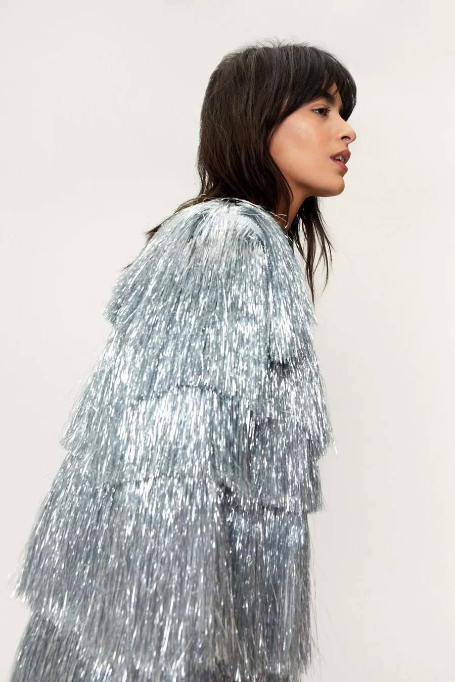 Metallic Open Front Tiered Tinsel Fringe Jacket | Nasty Gal (US)