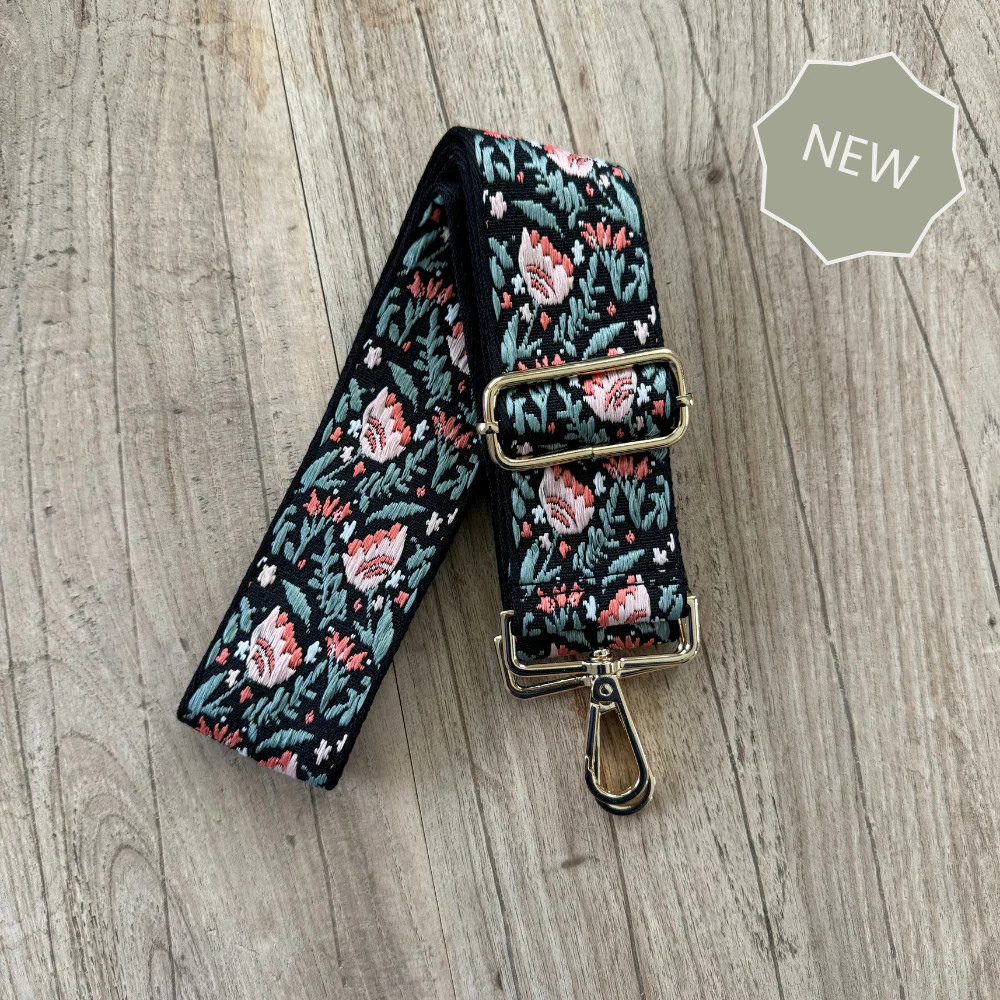 Black Floral Crossbody Bag Strap (Gold) | The Poppy Brand