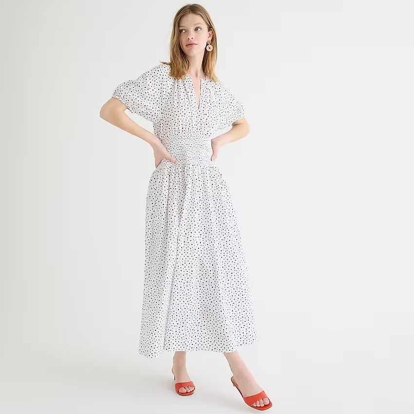 Puff-sleeve smocked-waist midi dress in dot | J.Crew US