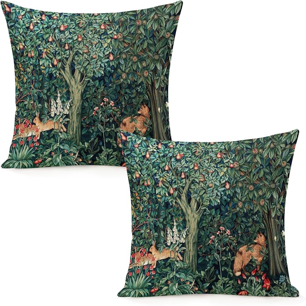 Set Of 2 William Forest Fox Hares Blue Green Floral Morris Throw Pillow Covers 18x18 Inch Aesthet... | Amazon (US)