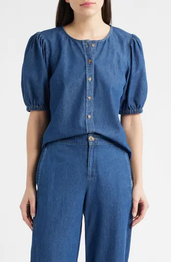 Anne Klein Puff Sleeve Denim Button-Up Shirt in Aries Wash at Nordstrom Rack, Size Small | Nordstrom Rack