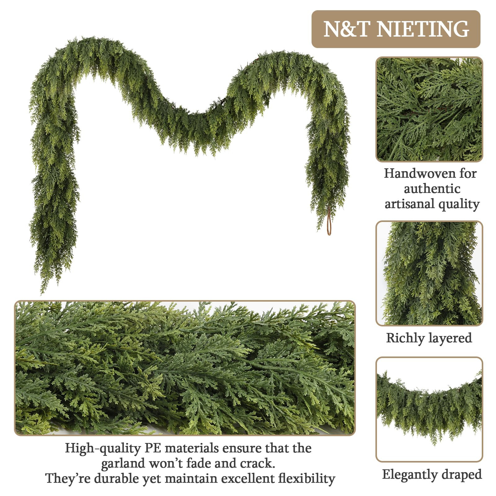 9ft Christmas Cedar Garland with Soft Thickness Pine, Artificial Green Faux Cedar Pine Garland fo... | Amazon (US)