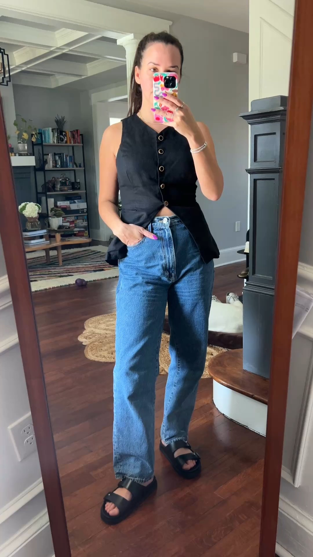 Jenni Kayne. Reformation. Slvrlake. Straight leg jeans. Reformation vest. Black vest. Black sandals. Leather sandals. Slides. 

#LTKWatchNow #LTKSaleAlert #LTKShoeCrush