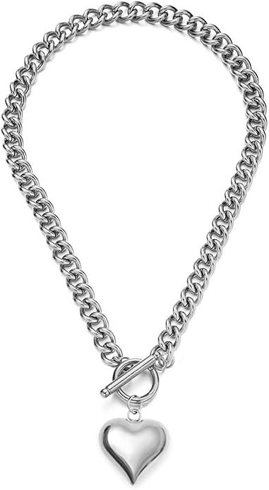 Stainless Steel Puffy Heart Pendant Chunky Necklace | Amazon (US)
