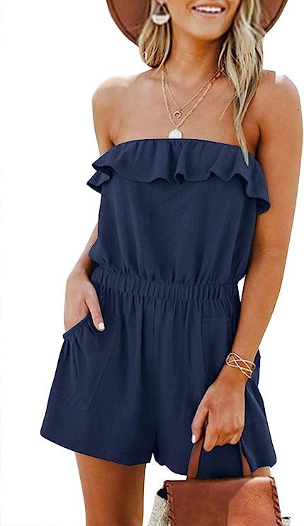 LEANI Women’s Summer Off Shoulder Ruffle Rompers Strapless Elastic Waist Short Jumpsuit with Po... | Amazon (US)