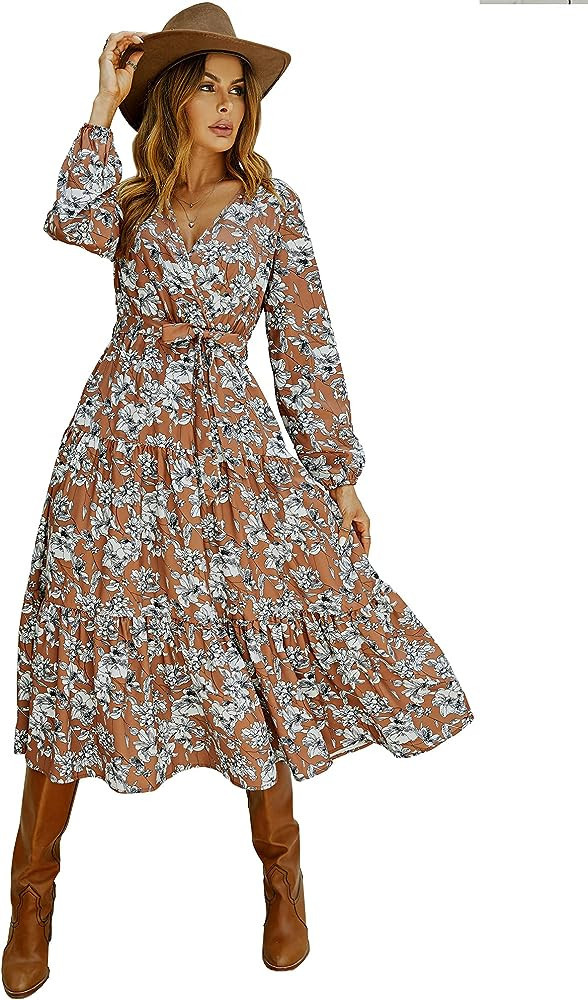 Laqeyko Women Boho Fall Floral Dress Outfit Blue Floral Dress White Floral Dress Orange Floral Dress | Amazon (US)