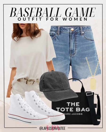 Keep it effortlessly cool at the baseball game with this laid-back ensemble! Pair an oversized t-shirt with denim shorts for a relaxed look. Complete the outfit with Chuck Taylor sneakers, a baseball cap, and a statement necklace for added flair. Carry your essentials in a chic tote bag for game day convenience.

#LTKstyletip #LTKSeasonal