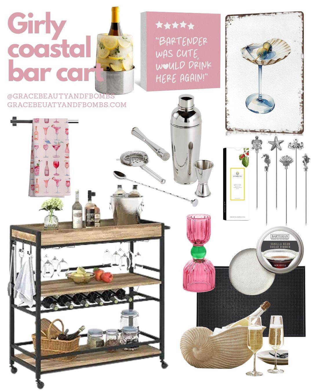 Girly coastal bar cart

#girlybarcart #barcart #coastalbarcart 

#LTKHoliday #LTKHome #LTKGiftGuide