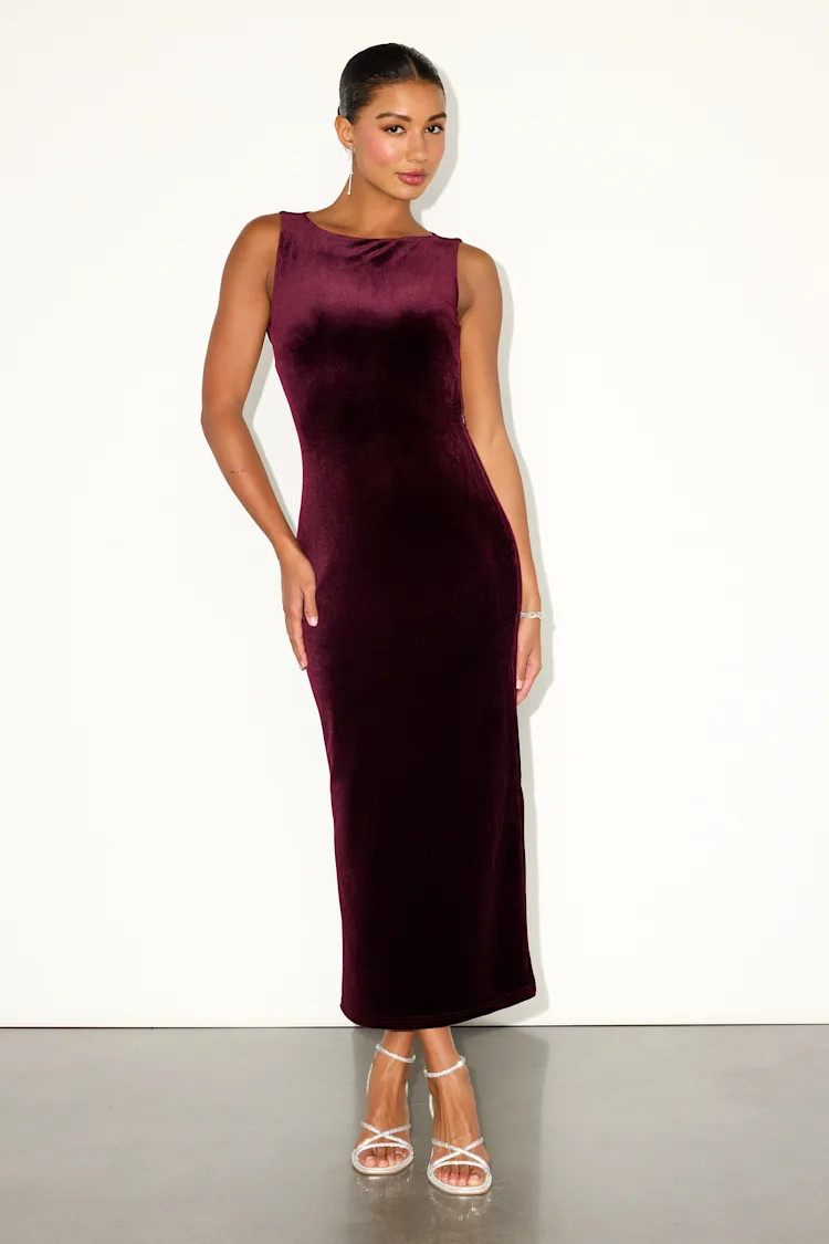 Florentina Burgundy Velvet Backless Bow Midi Dress | Lulus