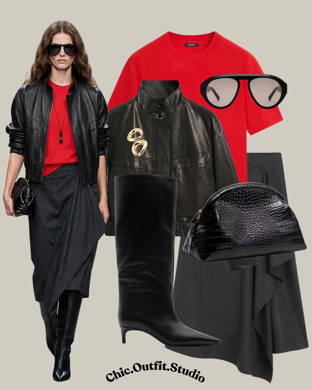 ❤️ Red Sweater + Draped Midi Skirt + Leather Jacket

✨A vibrant red sweater paired with a fluid charcoal midi skirt and sleek black leather jacket creates a sophisticated fall skirt outfit with a striking pop of color. Knee-high boots, a glossy black handbag, and minimal gold jewelry add structure and polish to the relaxed draping of the skirt. 

✨Perfect for office days, client lunches, dinner dates, gallery visits, city evenings, business casual events, or weekend dinners. The combination of red, charcoal, and black makes this an easy statement outfit formula for the cooler months.

✨Tags: red sweater skirt outfit, fall midi skirt outfit women, leather jacket midi skirt outfit, red and black outfit women, charcoal skirt outfit, fall workwear women, knee high boots skirt outfit, business casual skirt outfit, sophisticated fall outfit, statement sweater outfit, elegant casual outfit women, European fall fashion, autumn date night outfit, leather jacket women outfit, chic fall wardrobe, elevated fall style

#LTKautumn #LTKshoes #LTKworkwear