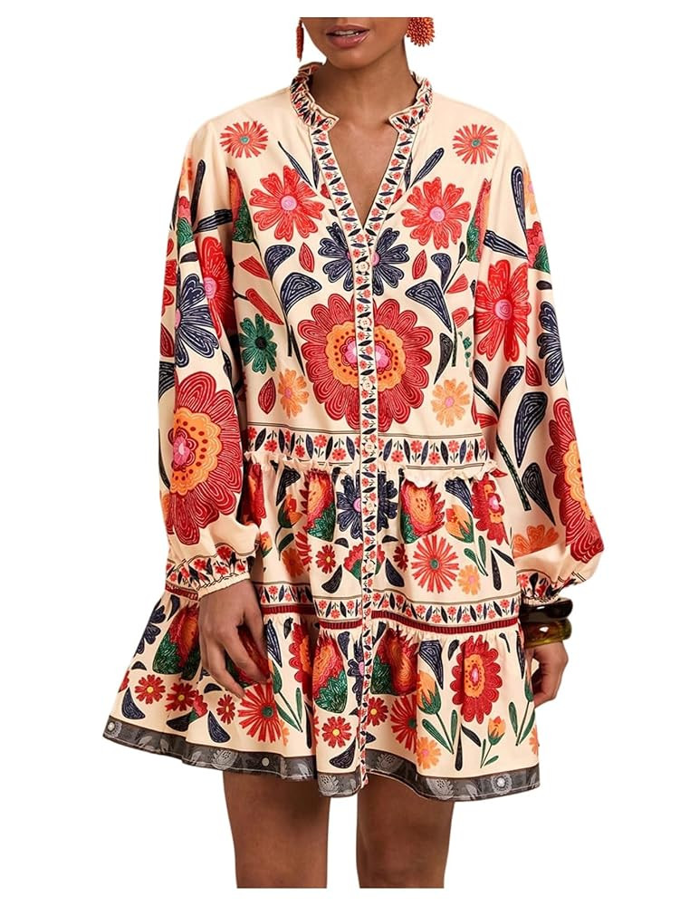 SOLY HUX Women's Floral Print Summer Short Dresses Boho Beach Long Sleeve Button Down Flowy Smock... | Amazon (US)