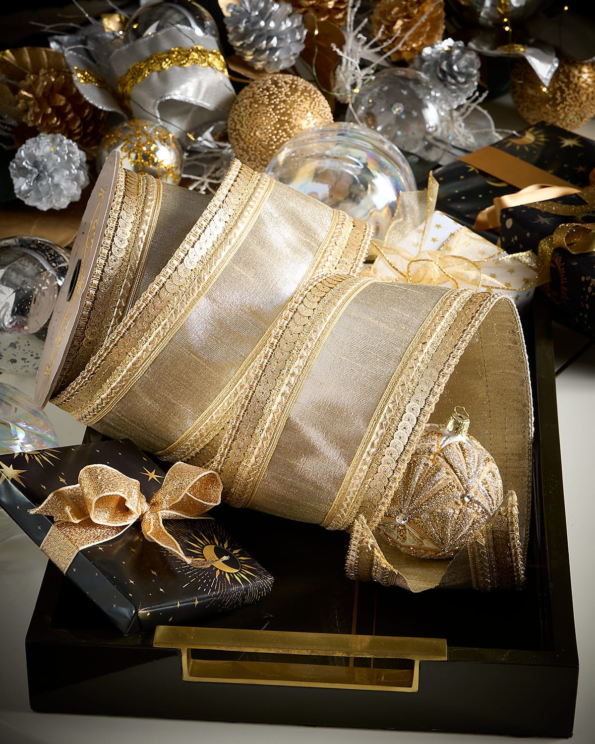 Sequin Platinum Metallic Dupion Ribbon, 4" x 5 Yards | Neiman Marcus