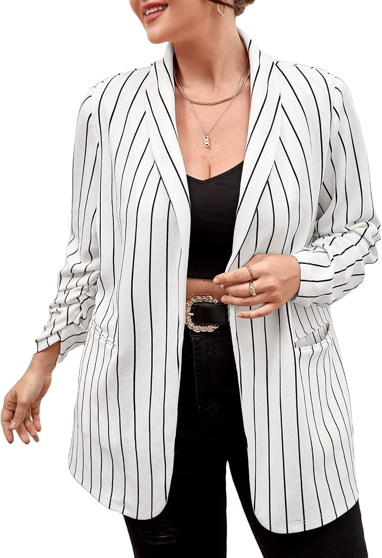 WDIRARA Women's Plus Size Long Sleeve Blazer Casual Open Front Cardigan Jacket | Amazon (US)