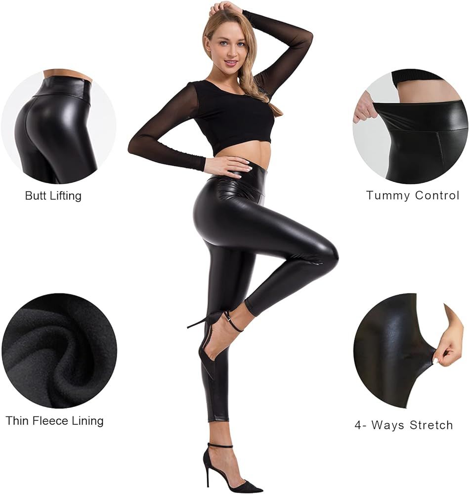 BOOTY GAL Faux Leather Leggings for Women High Waist Pants Black Elastic Tights | Amazon (US)