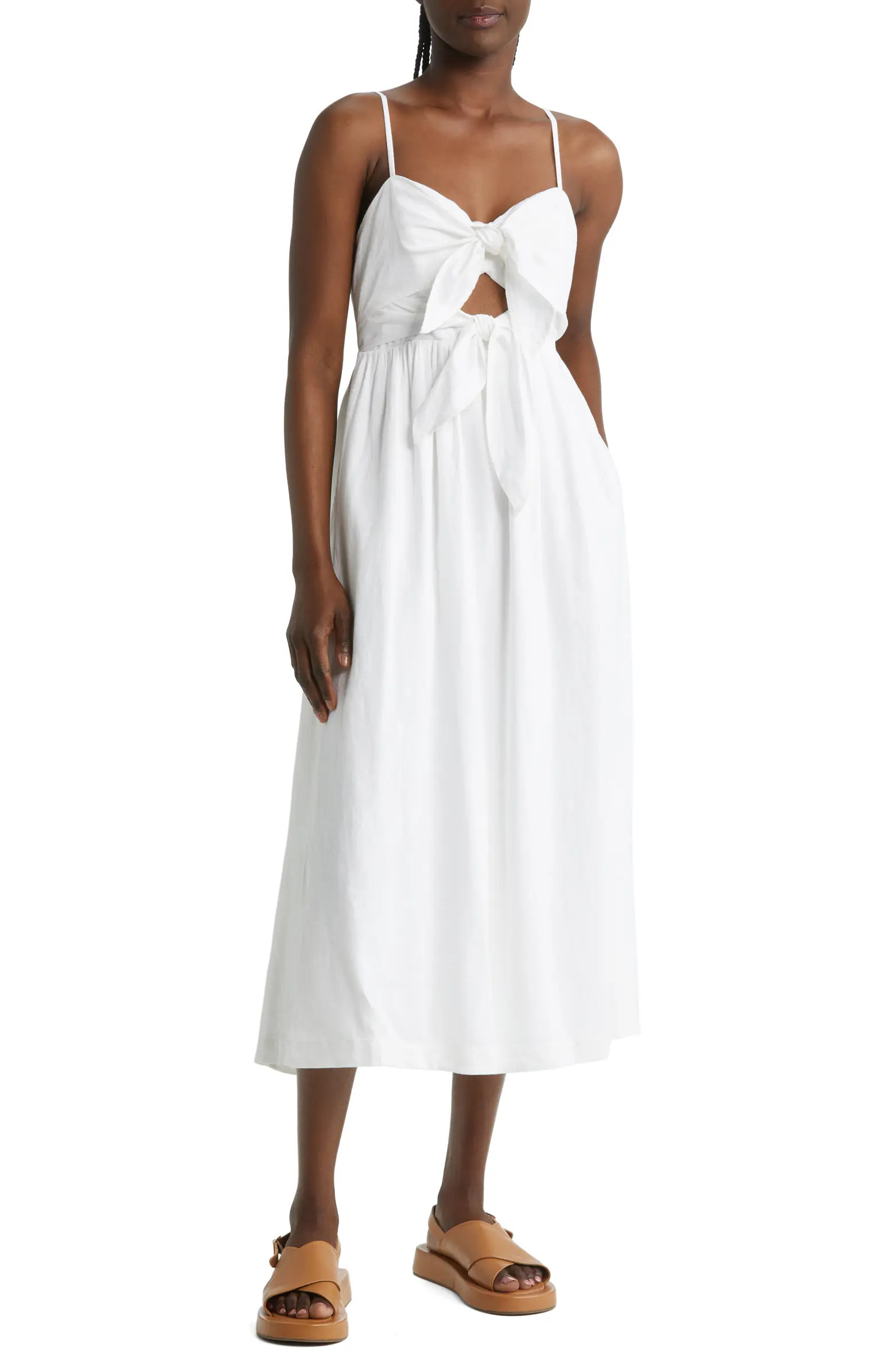 Double Tie Cutout Sweetheart Linen Blend Midi Dress | Nordstrom